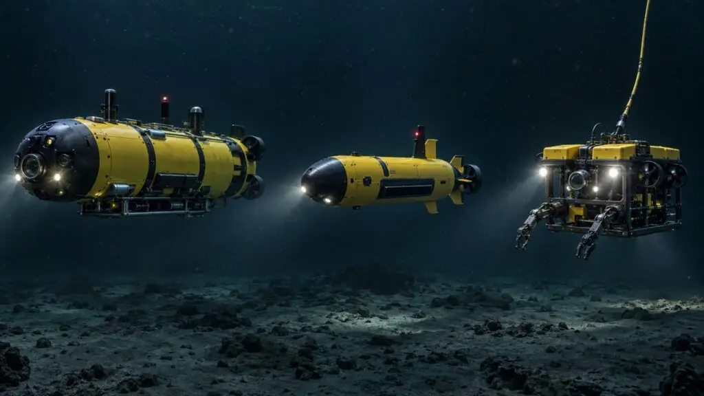 Comparativa operativa entre un AUV autónomo y un ROV conectado por cable