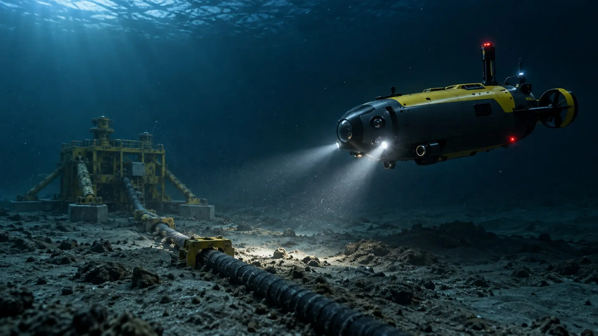 Dron submarino UUV durante una misión de inspección bajo el agua
